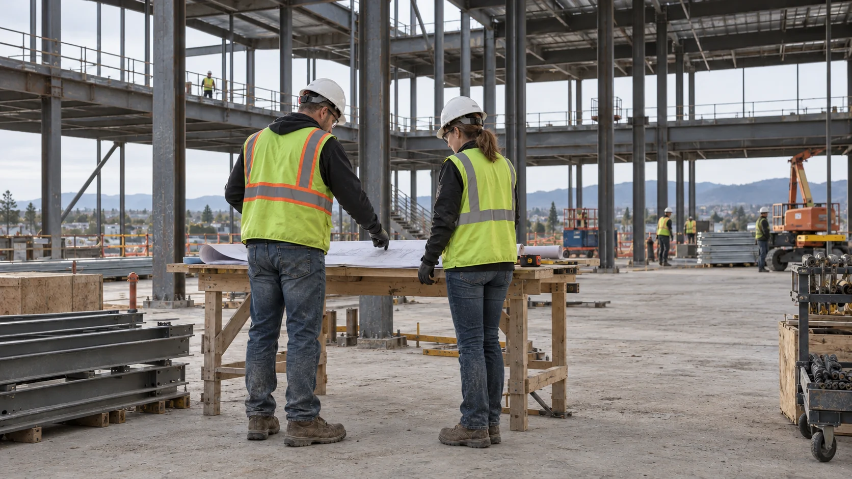 Construction professionals reviewing plans inside a commercial steel-frame building